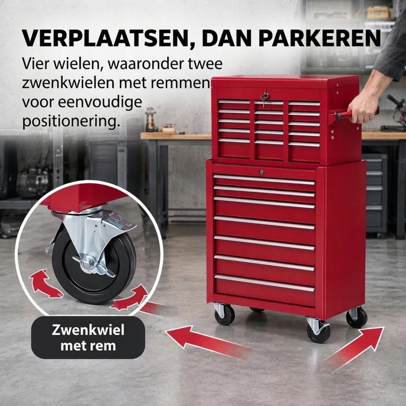 HOMCOM® mobiele werkplaatswagen, afsluitbaar met 16 schuifladen, rood / schuiflade gereedschapwagen wagen met wielen  gereedschapskist (rood)