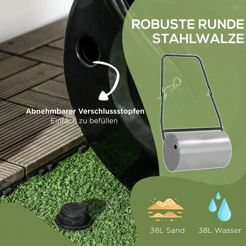 DURHAND Rasenwalze Gartenwalze befüllbar mit Wasser oder Sand 50cm Breite Handwalze mit U-Griff, 38L Füllvolumen
