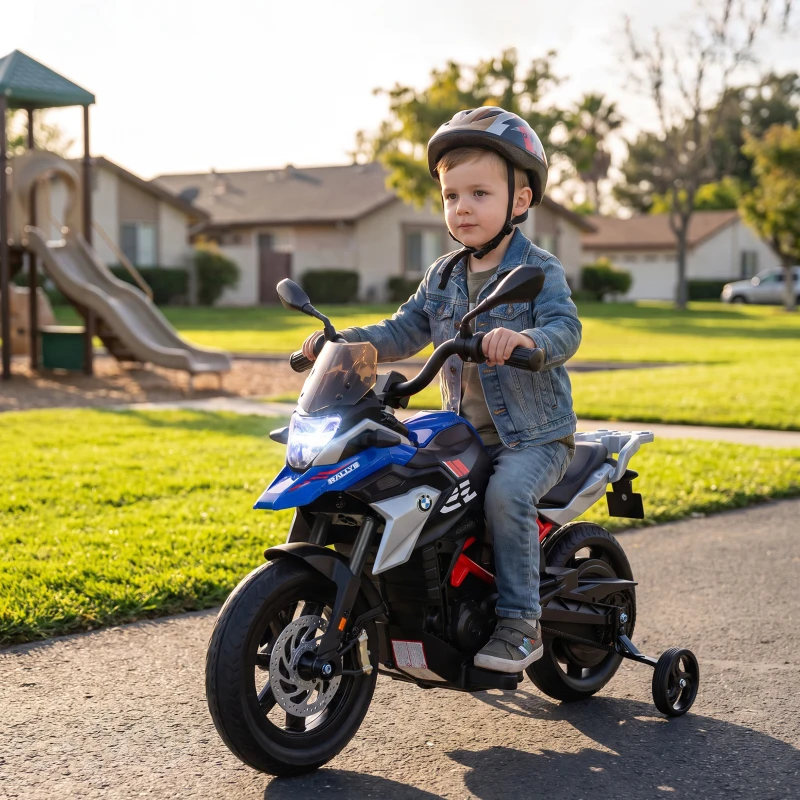 AIYAPLAY Moto Eléctrica para Niños 3-8 Años 12V Licencia BMW G310 GS, Batería de Litio, Ruedines Removibles, Azul