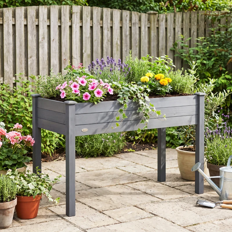 Outsunny Letto per Orto Rialzato, Fioriera Rialzata da Esterno in Abete con Fodera e 4 Fori di Drenaggio, Grigio Scuro