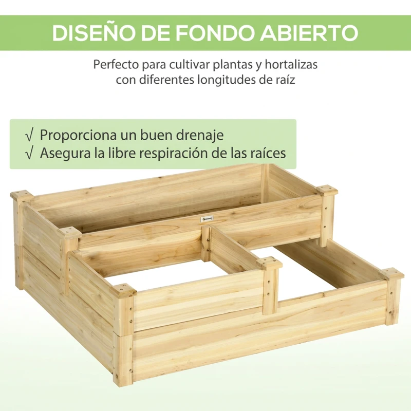 Outsunny Huerto Urbano 3 Niveles de Madera Jardinera Elevada con Base Abierta para Cultivar Plantas Flores 108x88x36 cm Natural