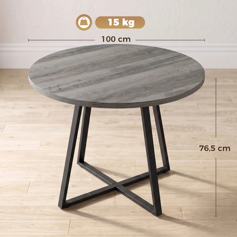 HOMCOM Runder Esstisch für 4 Personen Ø 100 cm, quadratisches Gestell aus Kohlenstoffstahl, Industrial-Style, Holzoptik Grau