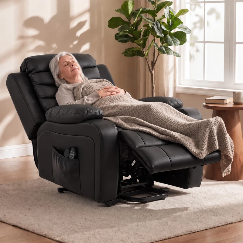 HOMCOM Sillón Relax Reclinable Eléctrico Levanta Personas con Masaje Vibratorio y Calor Puerto USB Control Remoto Negro
