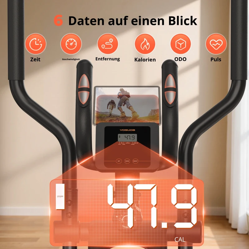 Ellipsentrainer für Zuhause, faltbar, 16 Widerstandsstufen, LCD-Display und Transportrollen, Schwarz