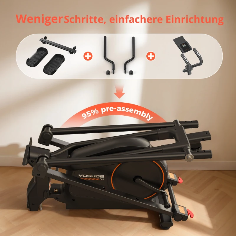 Ellipsentrainer für Zuhause, faltbar, 16 Widerstandsstufen, LCD-Display und Transportrollen, Schwarz