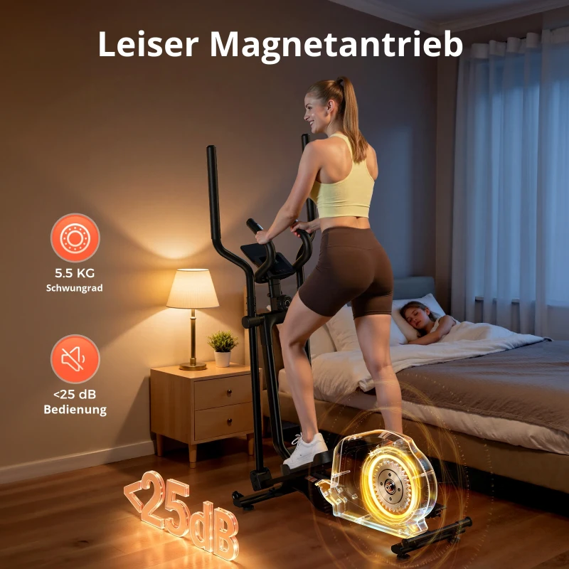 Ellipsentrainer für Zuhause, faltbar, 16 Widerstandsstufen, LCD-Display und Transportrollen, Schwarz
