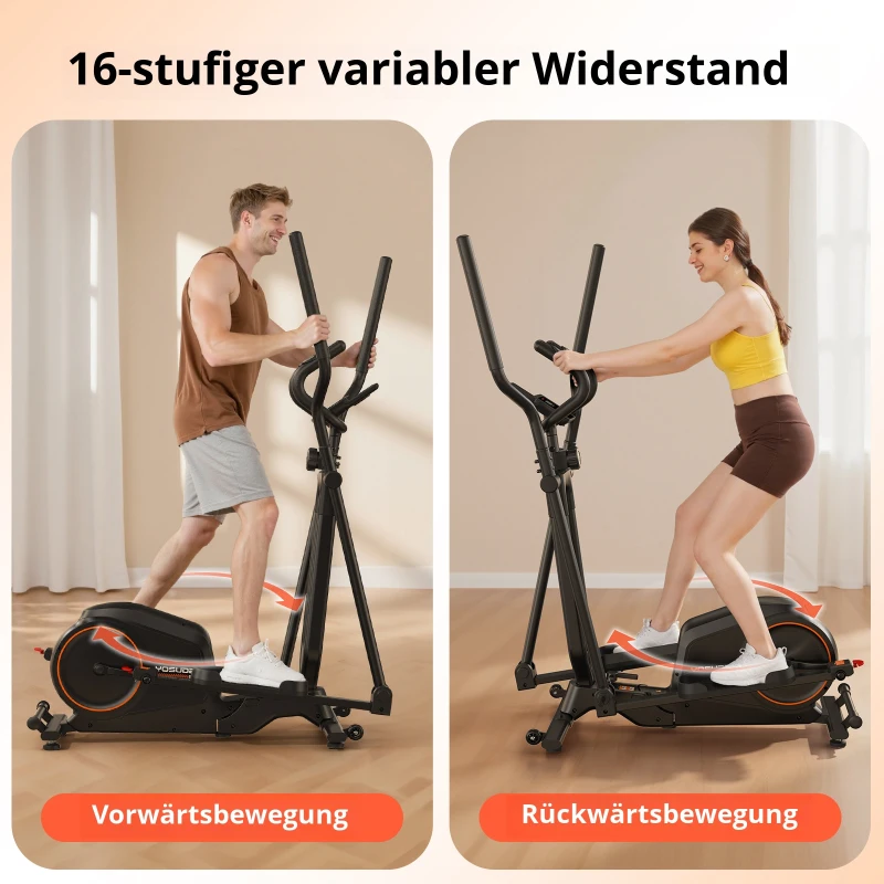 Ellipsentrainer für Zuhause, faltbar, 16 Widerstandsstufen, LCD-Display und Transportrollen, Schwarz