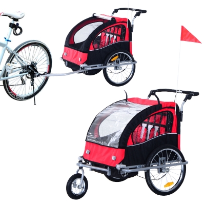 2-in- kinderkar fietsaanhanger jogger fietskar 360° draaibaar rood-zwart