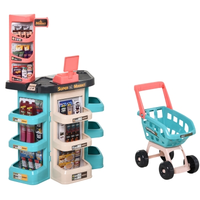 HOMCOM Kinder Supermarkt Spielset mit Einkaufswagen für Rollenspiele Supermarktstand und über 50 Zubehör-Teile für 3–6 Jahre PP Türkis 53 x 34 x 79 cm