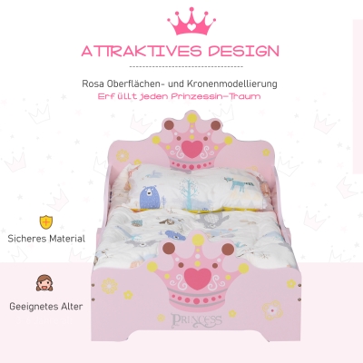 HOMCOM Kinderbett mit Prinzessinnen-Motiv mit Rausfallschutz für 3–6 Jahre, Mädchenbett, Holzbett für Kinderzimmer, Pappelholz, 143 x 73 x 60 cm