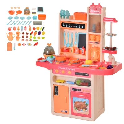 HOMCOM Kinderküche mit Zubehör, 65–teilige Spielküche Spielzeugküche für 3–6 Jahre Kunststoff, Rosa, 71 x 28,5 x 93,5 cm