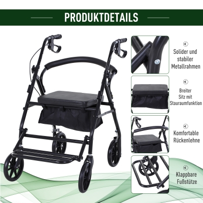 HOMCOM rollator met stoel inklapbare rollator met rem tas in hoogte verstelbaar