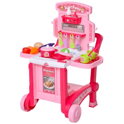 HOMCOM kinderkeuken met 42 accessoires speelkeuken speelgoed keuken plastic wit + roze