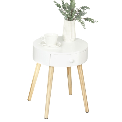 HOMCOM® Nachttisch runder Beistelltisch mit Schublade Beinen Skandinavisches Design Weiß