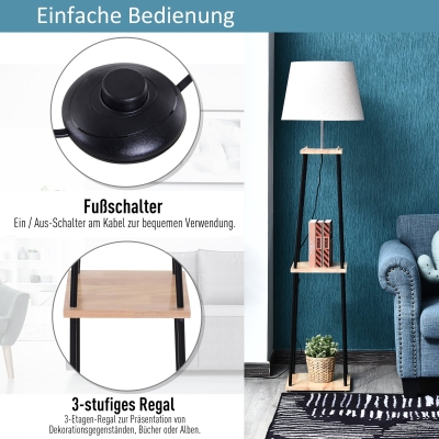 Lampstatief met 3 planken, rubberhout, linnen, metaal, naturel, zwart