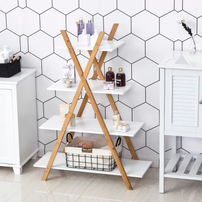 Kleankin badkamerplank 4 niveaus trapplank ladderplank badkamer bamboe naturel + wit