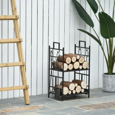 Outsunny Brandhoutstandaard met openhaard gereedschap brandhoutplank ijzer goud