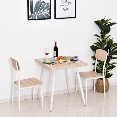 HOMCOM 3-delige eetset zitgroep eettafelset houten tafel MDF + metaal natuurlijke houtnerf + wit met 1 tafel + 2 stoelen | Aosom.de