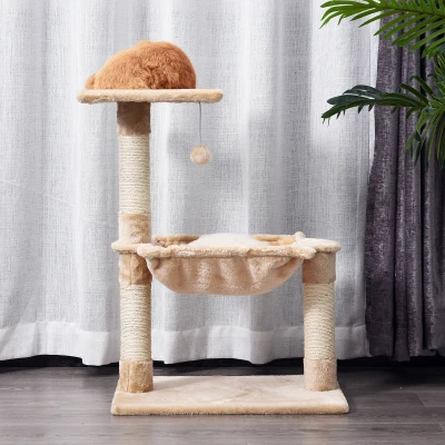 PawHut Klimboom met sisal paal, kattenboom, krabpaal, hangmat, spaanplaat beige