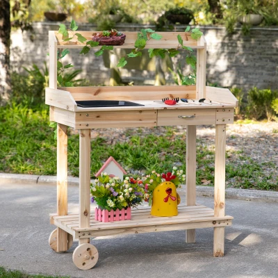 Outsunny Plantentafel met schuiflade 2 niveaus tuintafel met gootsteen en wielen hout