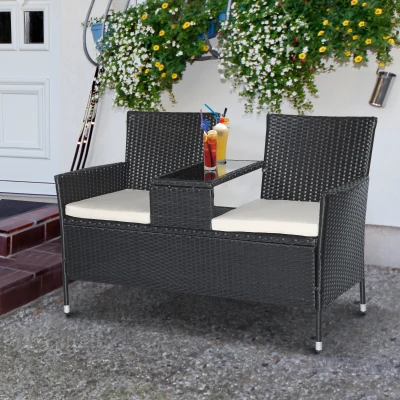 Poly-rotan tuinbank met tafel tuinbank bank 2-zits staal zwart