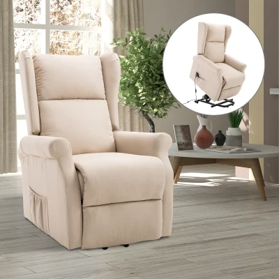 HOMCOM® relaxstoel tv-stoel met elektrische opstahulp linnen hout schuimstof crème 72,5 x 94 x 109 cm | Aosom.nl