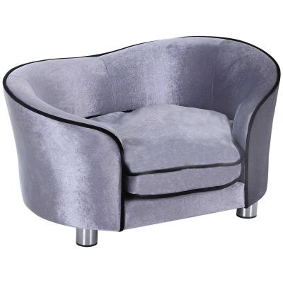 PawHut Pets Evelated Wooden Sofa Bed with Plush Cushion Silver Grey