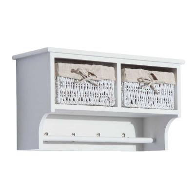 HOMCOM Wooden Wall Mounted Shelf with 4 Hooks 2 Wicker Baskets White