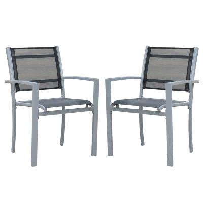 Outsunny Set Of 2 Outdoor Chairs Square Steel Frame Texteline Mesh Seats Foot Caps Grey