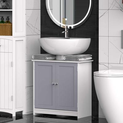 kleankin 60x60cm Under-Sink Storage Cabinet w/ Adjustable Shelf Handles Drain Hole Bathroom Cabinet Space Saver Organizer White and Grey