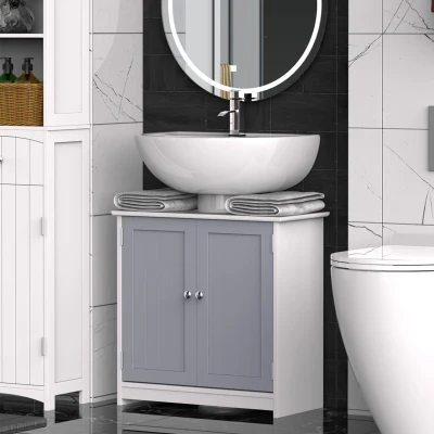 kleankin 60x60cm Under-Sink Storage Cabinet w/ Adjustable Shelf Handles Drain Hole Bathroom Cabinet Space Saver Organizer White and Grey