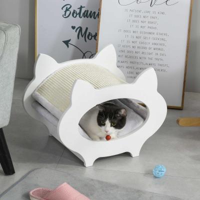 PawHut Cat Removable Scratching Pad Hideout House White