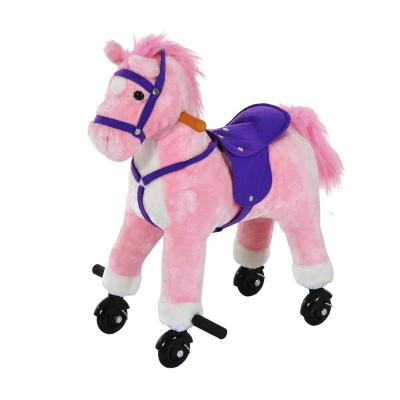 HOMCOM Baby Horse Rocker Kids Rocking Horse Ride On Horse Plush Kids Gift Action Pony Wheeled Walking Riding Little Baby Toy W/Sound - Pink