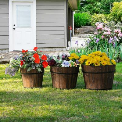 Outsunny 3PCs Wooden Raised Barrels Bucket Planter with Handle Flower Pot Leaking Hole