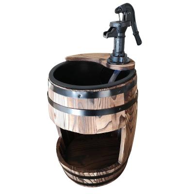 Outsunny Wood Barrel Pump Fountain Water Feature w/ Flower Planter Garden Decor