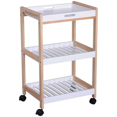 HOMCOM Mobile Kitchen Trolley Cart Bamboo Storage Shelves Rolling Wheels White