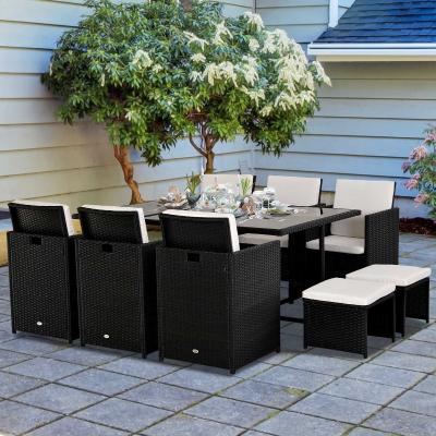 Outsunny Rattan Dining Set, 11 PC-Black /Milk White Cushions