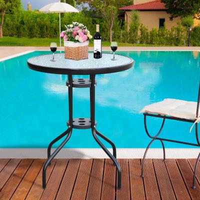 Outsunny Φ60×70H cm Round Metal Table, Tempered Glass-Black