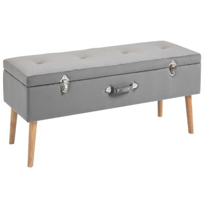 HOMCOM Faux Velvet Tufted Ottoman Trunk w/ Wooden Legs Grey
