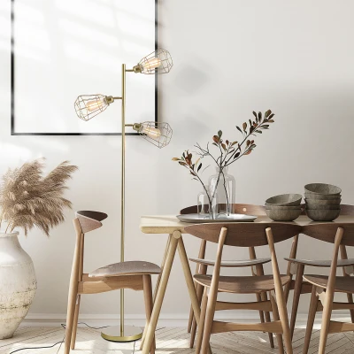 HOMCOM Modern Floor Lamp, 3-Light Standing Lamp, Gold Tone Finish, Steel Frame, Foot Switch, Round Base, E27 Living Room Gold