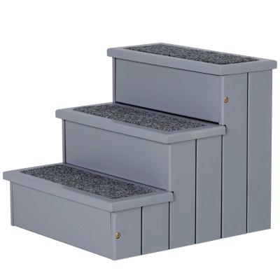 PawHut 3 Step Wooden Pet Stairs Steps Carpet Non Slip for Cats and Small Dogs Grey
