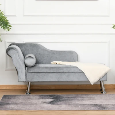 HOMCOM Plush Cloth Upholstered Chaise Longue Sofa w/ Bolster Cushion Grey