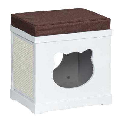 PawHut Wooden Cat House for Small Cat w/ Removable Scratching Pad and Soft Cushion