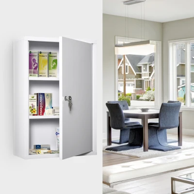 kleankin Medicijnkastje met Slot 3 Schappen Staal Wit 40 x 18 x 60 cm