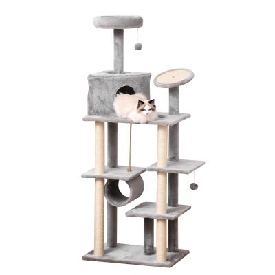 PawHut Cat tree Tower 179cm Climbing Activity Centre Kitten with Jute Scratching Post Pad Condo Perch Hanging Balls Tunnel Teasing Rope Toy Dark Grey