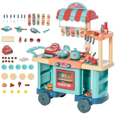 HOMCOM Kids Food Cart Pretend Playset Kitchen Supermarket Trolley Set w/ Accessories