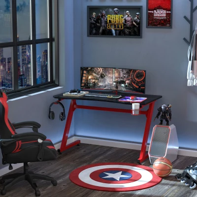 HOMCOM Gaming Computer Desk, Steel Frame w/ Cup Headphone Holder Adjustable Feet Cable Organiser Home Office Red
