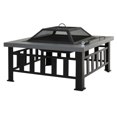 Outsunny Square Metal Fire Pit With Waterproof Cover-Black/Grey