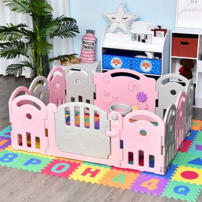 HOMCOM® Schutzgitter Laufgitter Absperrgitter 12 Elemente Korb 3 Zahnräder HDPE Rosa 162 x 122 x 63 cm