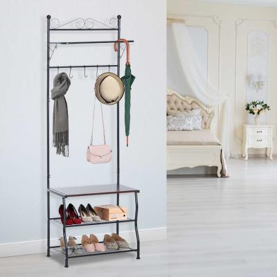 HOMCOM Garderobenständer Kleiderständer Garderobe mit 3 Schuhablagen 5 Haken Flur Stahl Schwarz L60 x B35 x H175cm